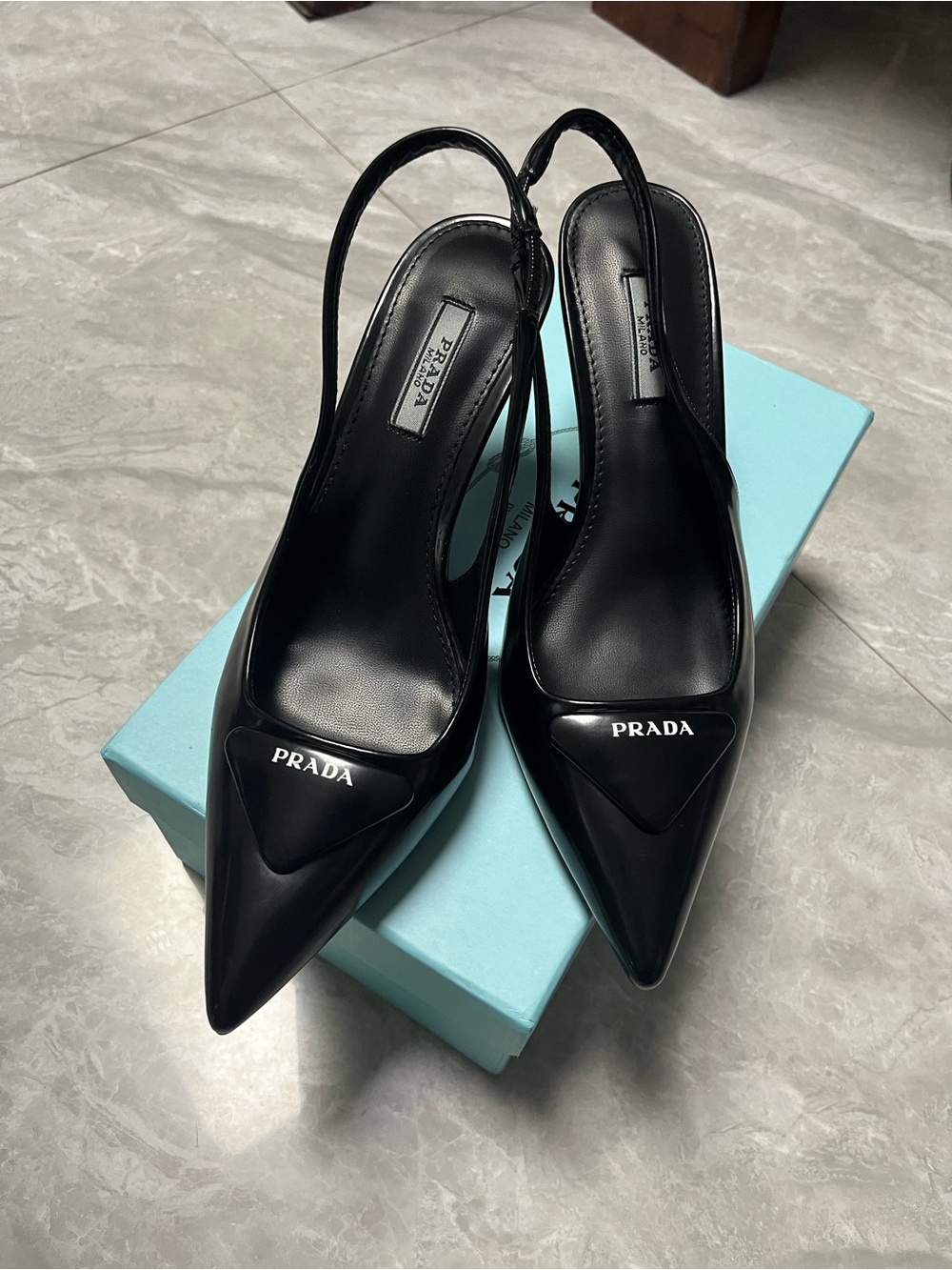 Prada Linea Rossa Black Pointed Slingback Heels